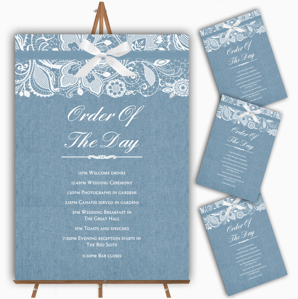 Vintage Dusky Blue Burlap & Lace Personalised Wedding Order Of The Day Cards