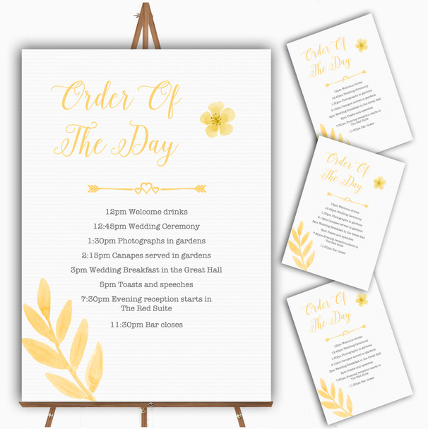 Watercolour Subtle Golden Yellow Personalised Wedding Order Of The Day Cards