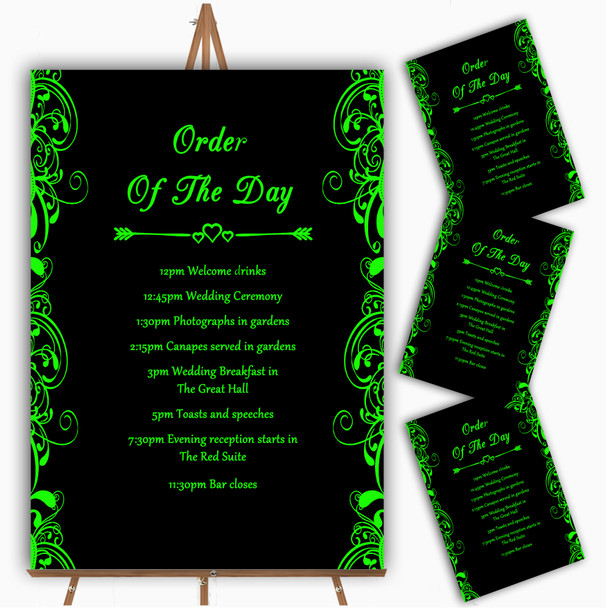 Black & Green Swirl Deco Personalised Wedding Order Of The Day Cards & Signs