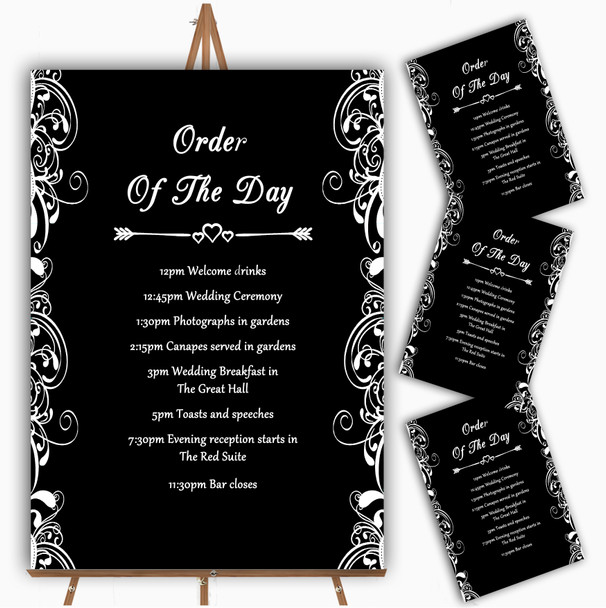 Black and White Swirl Deco Personalised Wedding Order Of The Day Cards and Signs