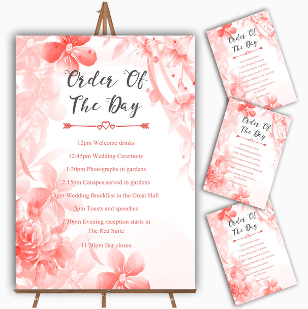 Coral Watercolour Floral Personalised Wedding Order Of The Day Cards & Signs