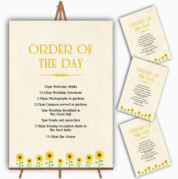 Vintage Sunflower Formal Personalised Wedding Order Of The Day Cards & Signs