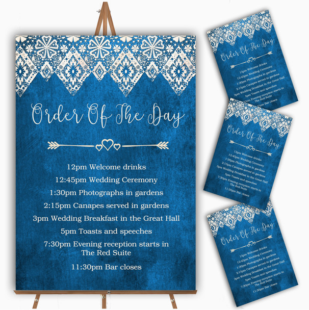 Vintage Blue Old Paper & Vintage Lace Effect Wedding Order Of The Day Cards