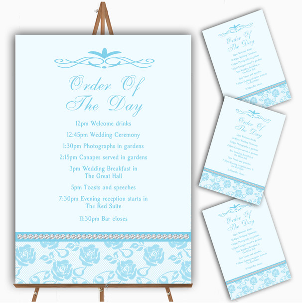 Pretty Sky Blue Floral Diamante Personalised Wedding Order Of The Day Cards