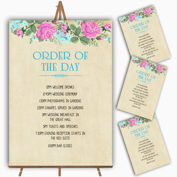 Vintage Pink and Blue Watercolour Personalised Wedding Order Of The Day Cards
