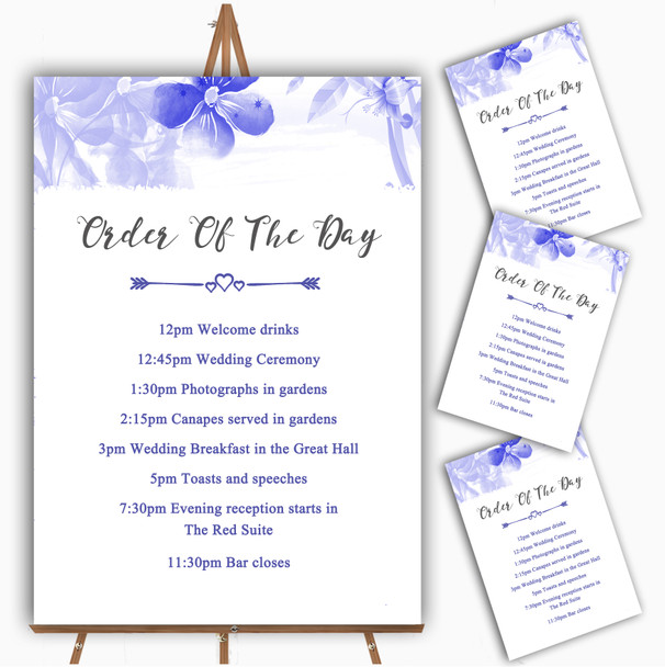 Blue Watercolour Floral Personalised Wedding Order Of The Day Cards & Signs