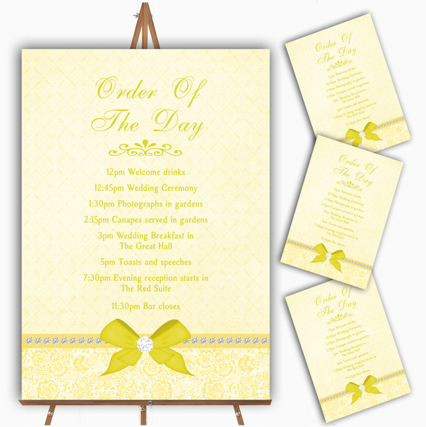 Pretty Floral Vintage Bow & Diamante Yellow Wedding Order Of The Day Cards