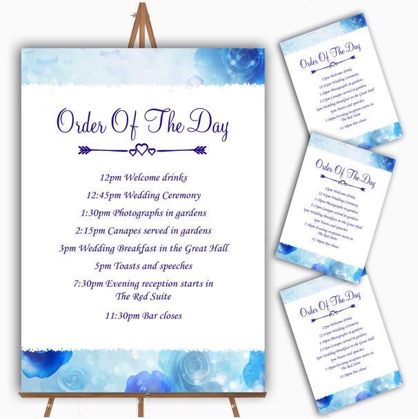 Stunning Blue Flowers Romantic Personalised Wedding Order Of The Day Cards