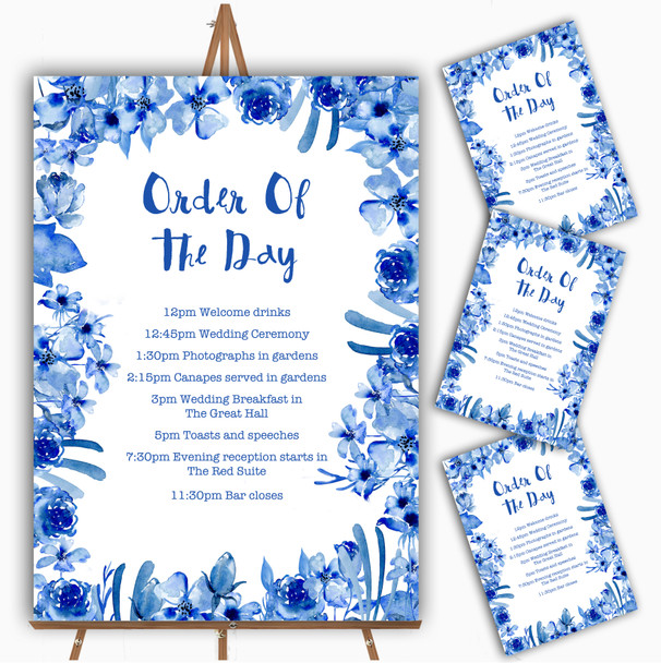 Watercolour Indigo Blue Floral Personalised Wedding Order Of The Day Cards