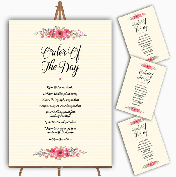 Watercolour Pink Floral Rustic Personalised Wedding Order Of The Day Cards