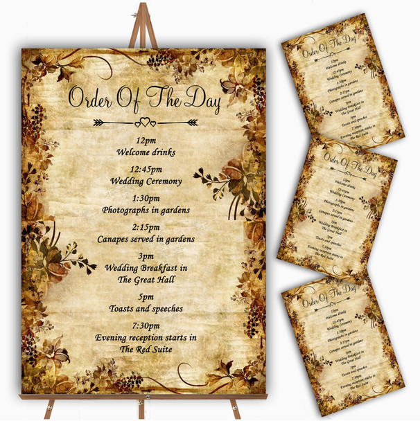 Autumn Colours Vintage Personalised Wedding Order Of The Day Cards & Signs
