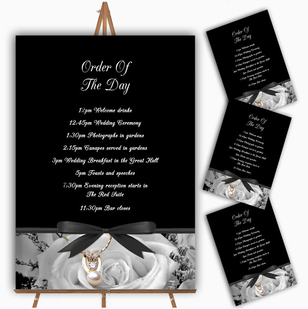 Black White Rose Pearl Personalised Wedding Order Of The Day Cards & Signs