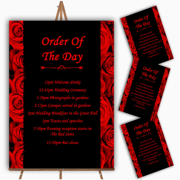 Gorgeous Deep Red Rose Personalised Wedding Order Of The Day Cards & Signs