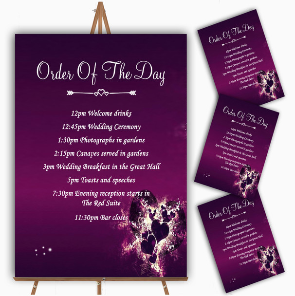 Purple Hearts Romantic Personalised Wedding Order Of The Day Cards & Signs