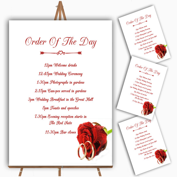 Red Romantic Rose Ring Personalised Wedding Order Of The Day Cards & Signs