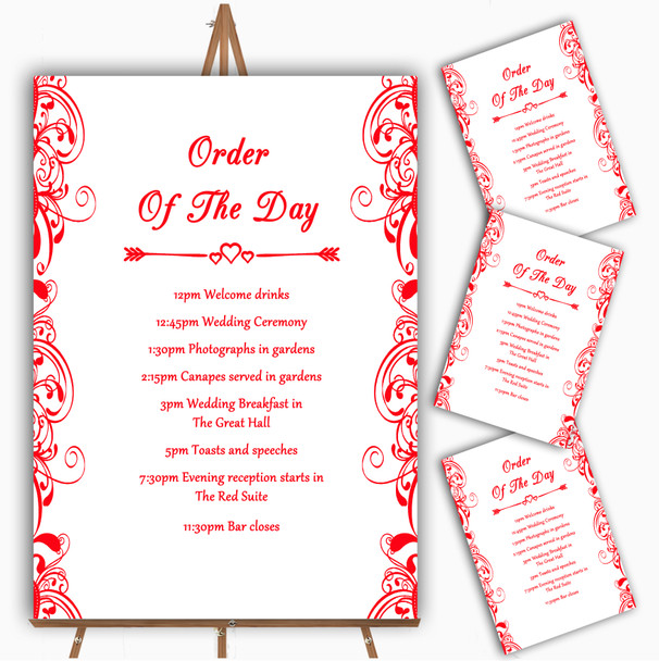 White & Red Swirl Deco Personalised Wedding Order Of The Day Cards & Signs