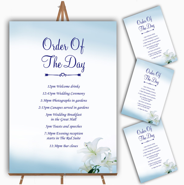White Blue Lily Flower Personalised Wedding Order Of The Day Cards & Signs