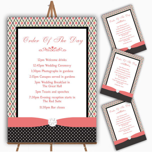 Coral Pink Rose Shabby Chic Black Polkadot Wedding Order Of The Day Cards