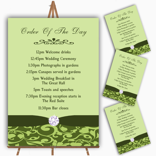 Olive Green Vintage Floral Damask Diamante Wedding Order Of The Day Cards