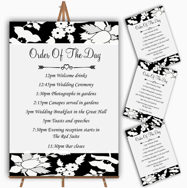 Black And White Floral Flower Personalised Wedding Order Of The Day Cards