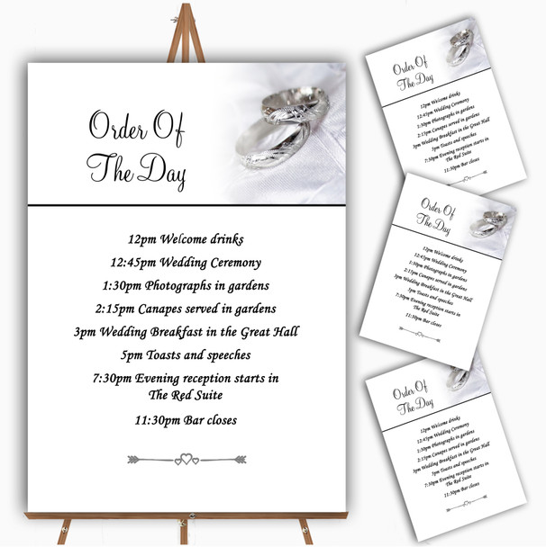 Classy White And Silver Rings Personalised Wedding Order Of The Day Cards