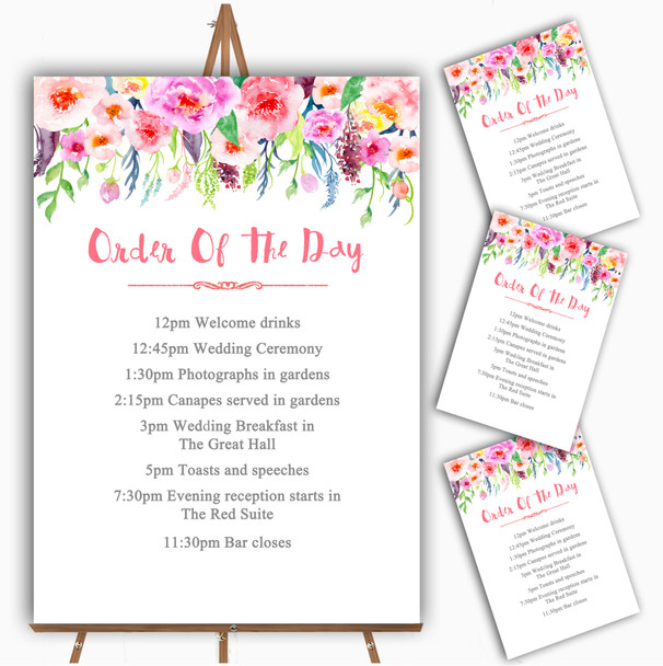 Coral Pink Watercolour Floral Personalised Wedding Order Of The Day Cards