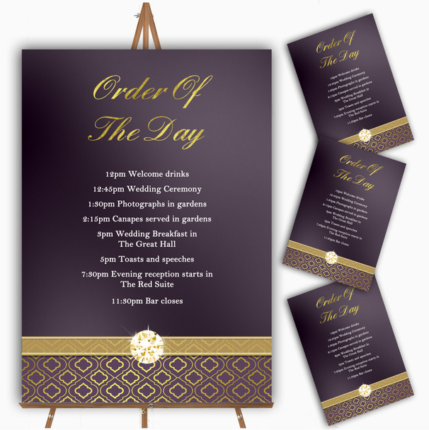 Purple Satin And Gold Personalised Wedding Order Of The Day Cards and Signs