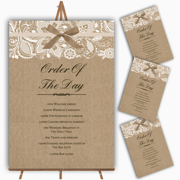 Vintage Burlap and Lace Personalised Wedding Order Of The Day Cards and Signs