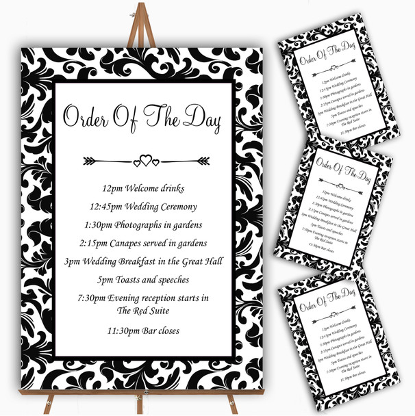Black and White Damask Personalised Wedding Order Of The Day Cards and Signs