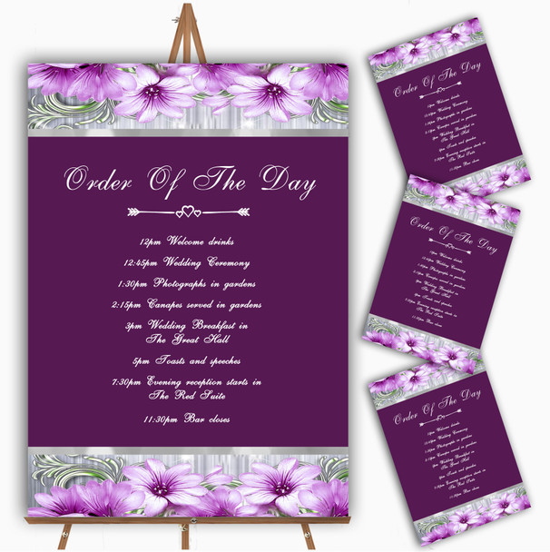 Purple Heart Flowers Personalised Wedding Order Of The Day Cards & Signs