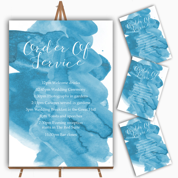 Sea Blue Watercolour Personalised Wedding Order Of The Day Cards and Signs