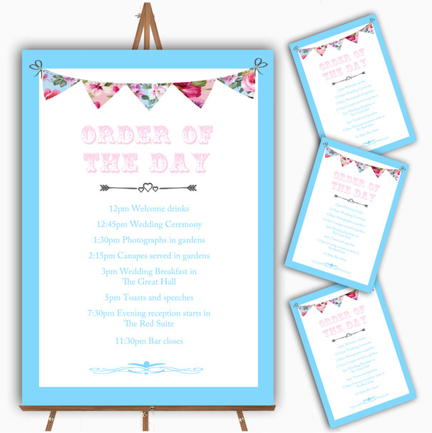 Blue Pink Bunting Shabby Chic Tea Garden Wedding Order Of The Day Cards