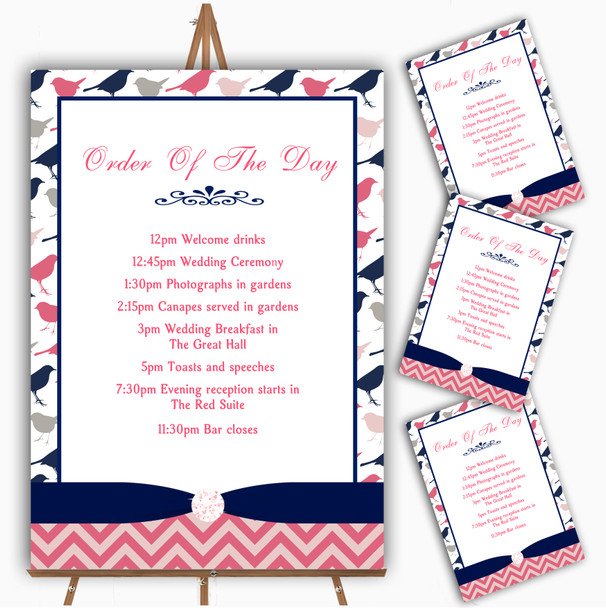 Coral Pink & Navy Blue Shabby Chic Birds Wedding Order Of The Day Cards