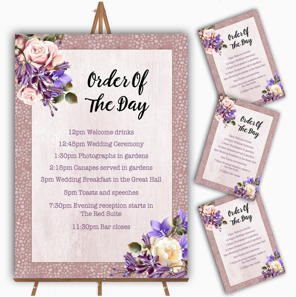 Pale Coral Pink & Lilac Watercolour Rose Wedding Order Of The Day Cards
