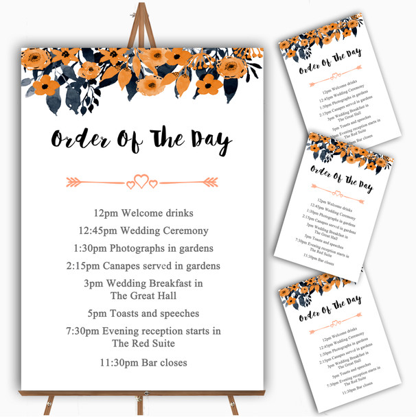 Watercolour Black & Orange Floral Header Wedding Order Of The Day Cards