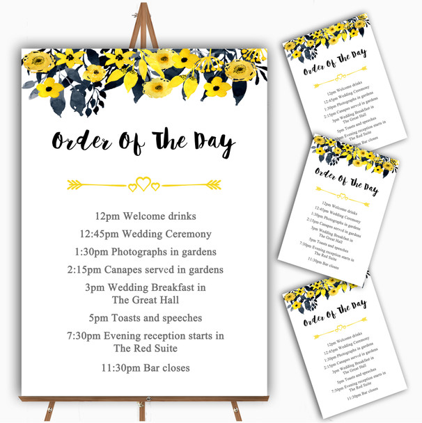 Watercolour Black and Yellow Floral Header Wedding Order Of The Day Cards