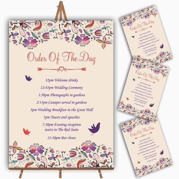 Purple Cream Pretty Personalised Wedding Order Of The Day Cards and Signs