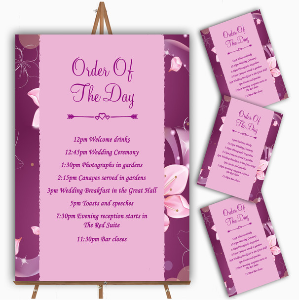 Purple Pink Flowers Personalised Wedding Order Of The Day Cards & Signs