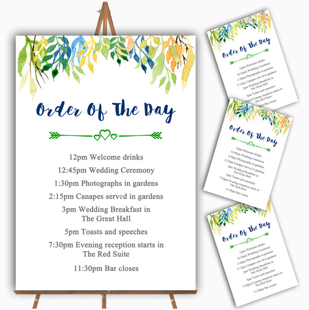 Autumn Leaves Watercolour Floral Header Wedding Order Of The Day Cards