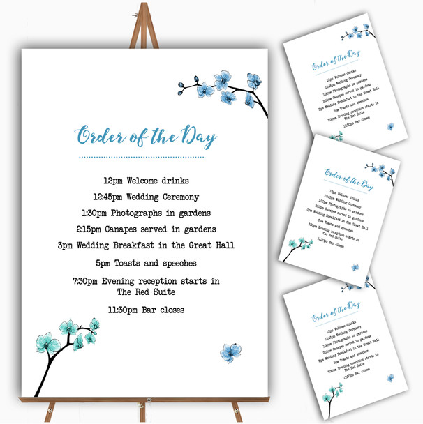 Blue and Green Cherry Blossom Watercolour Wedding Order Of The Day Cards