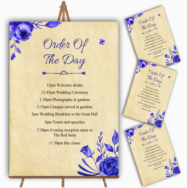 Vintage Blue and White Watercolour Floral Wedding Order Of The Day Cards