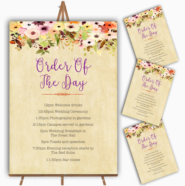 Vintage Pink Spring Flowers Watercolour Wedding Order Of The Day Cards