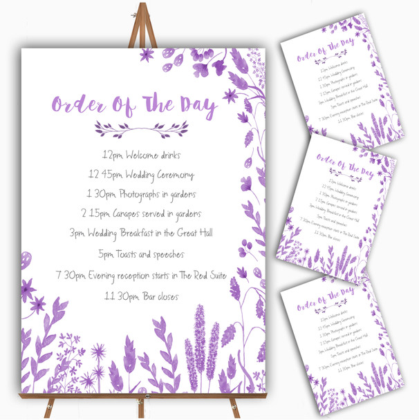 Dusty Purple Autumn Leaves Watercolour Wedding Order Of The Day Cards