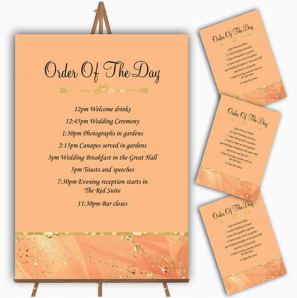 Peach Gold Pretty Personalised Wedding Order Of The Day Cards and Signs