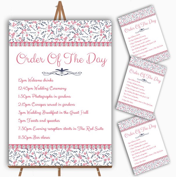 Dusty Coral Pink And Navy Blue Floral Wedding Order Of The Day Cards
