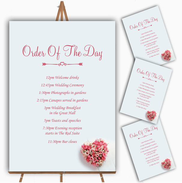Pink Heart Roses Personalised Wedding Order Of The Day Cards and Signs