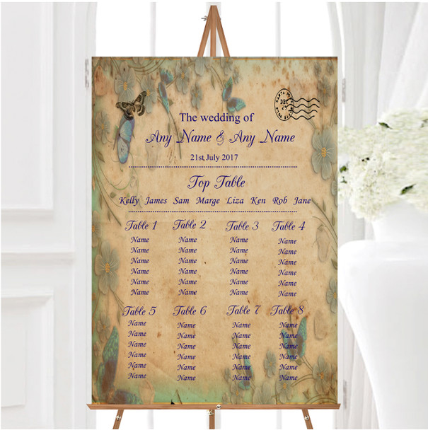 Blue Floral Vintage Shabby Chic Postcard Personalised Wedding Seating Table Plan
