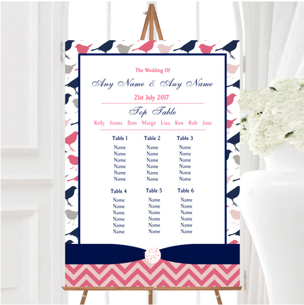 Coral Pink & Navy Blue Shabby Chic Birds Personalised Wedding Seating Table Plan