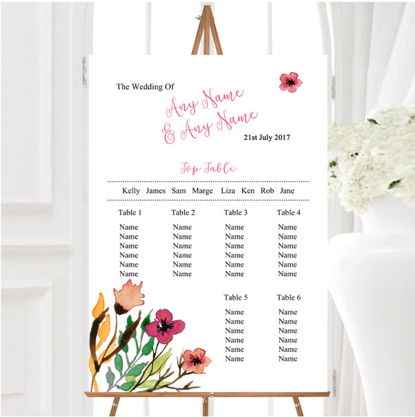 Handwriting Font Watercolour Floral Pink Personalised Wedding Seating Table Plan