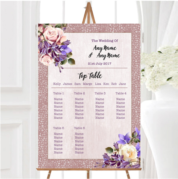 Pale Coral Pink and Lilac Watercolour Rose Personalised Wedding Seating Table Plan